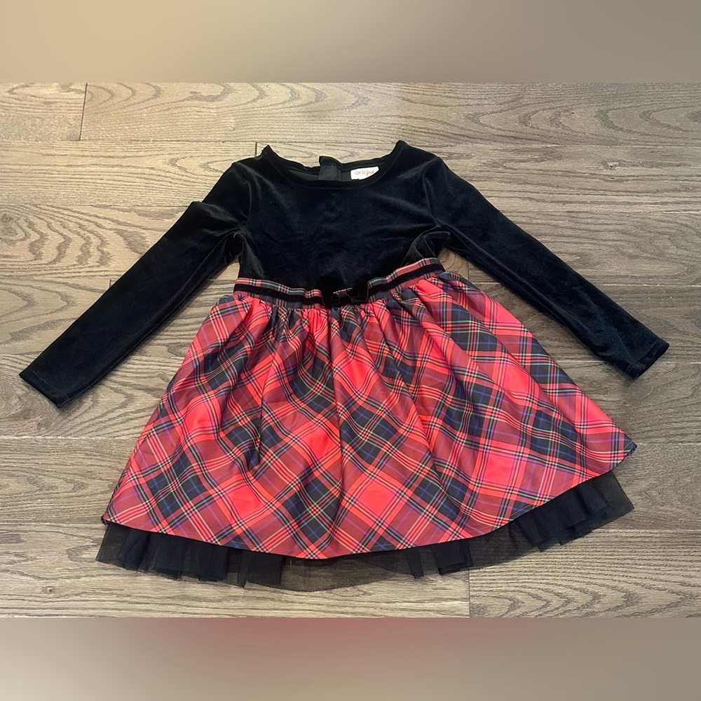 Cat & Jack Black Velvet Red Tulle Tutu Plaid Shimmer Dress New Size S 6/6X